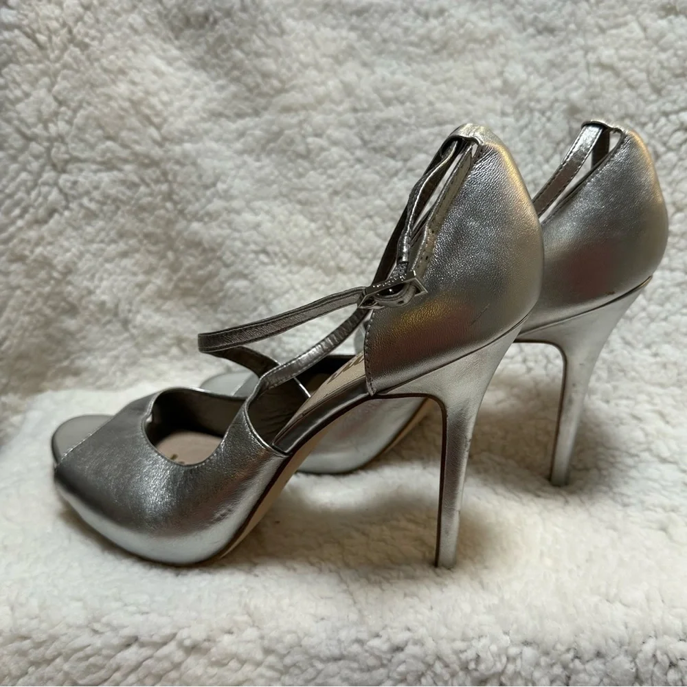 Sam Edelman Sam “Elizabeth”  Silver Strappy Pump 4” Stiletto Heels Size 9.5M